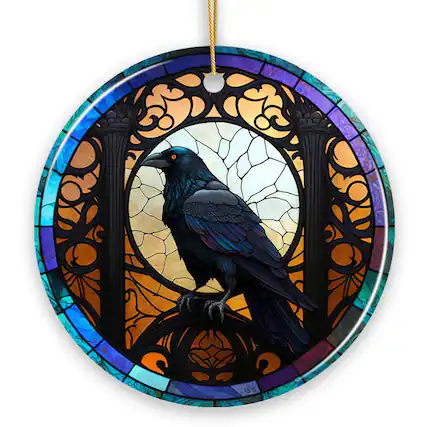 Front. OrnamentallyYou - Stained Glass Creepy Dark Raven Ornament Horror and Elegance - Multi-colored.