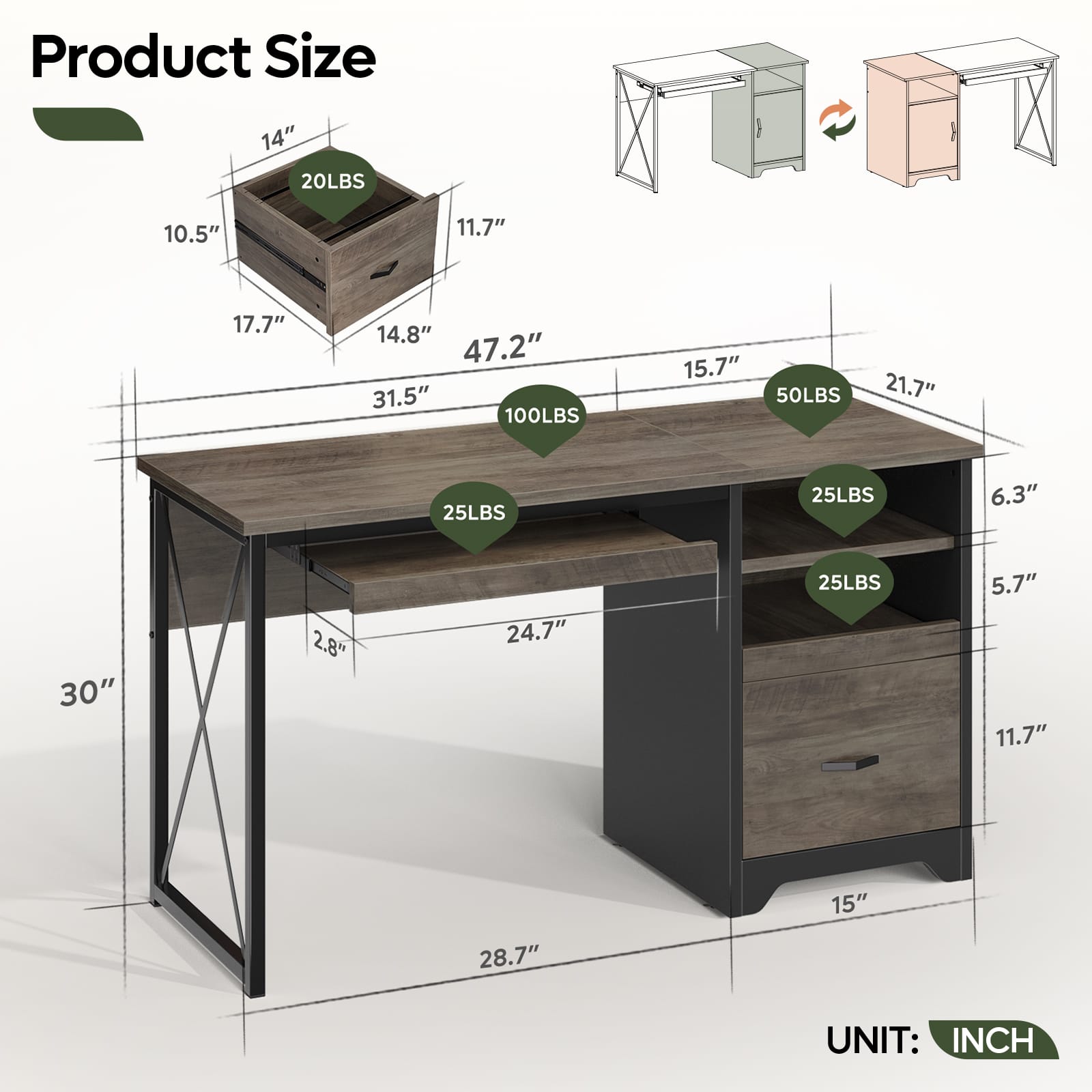 Product Size
- 14" x 10.5" x 11.7" x 17.7" x 14.8" (20LBS)
- 31.5" x 47.2" x 15.7" x 21.7" (100LBS)
- 24.7" x 6.3" x 5.7" x 11.7" x 15" x 28.7" (25LBS)
- 30" x 28.7" x 15" x 2.8" (50LBS)
UNIT: INCH