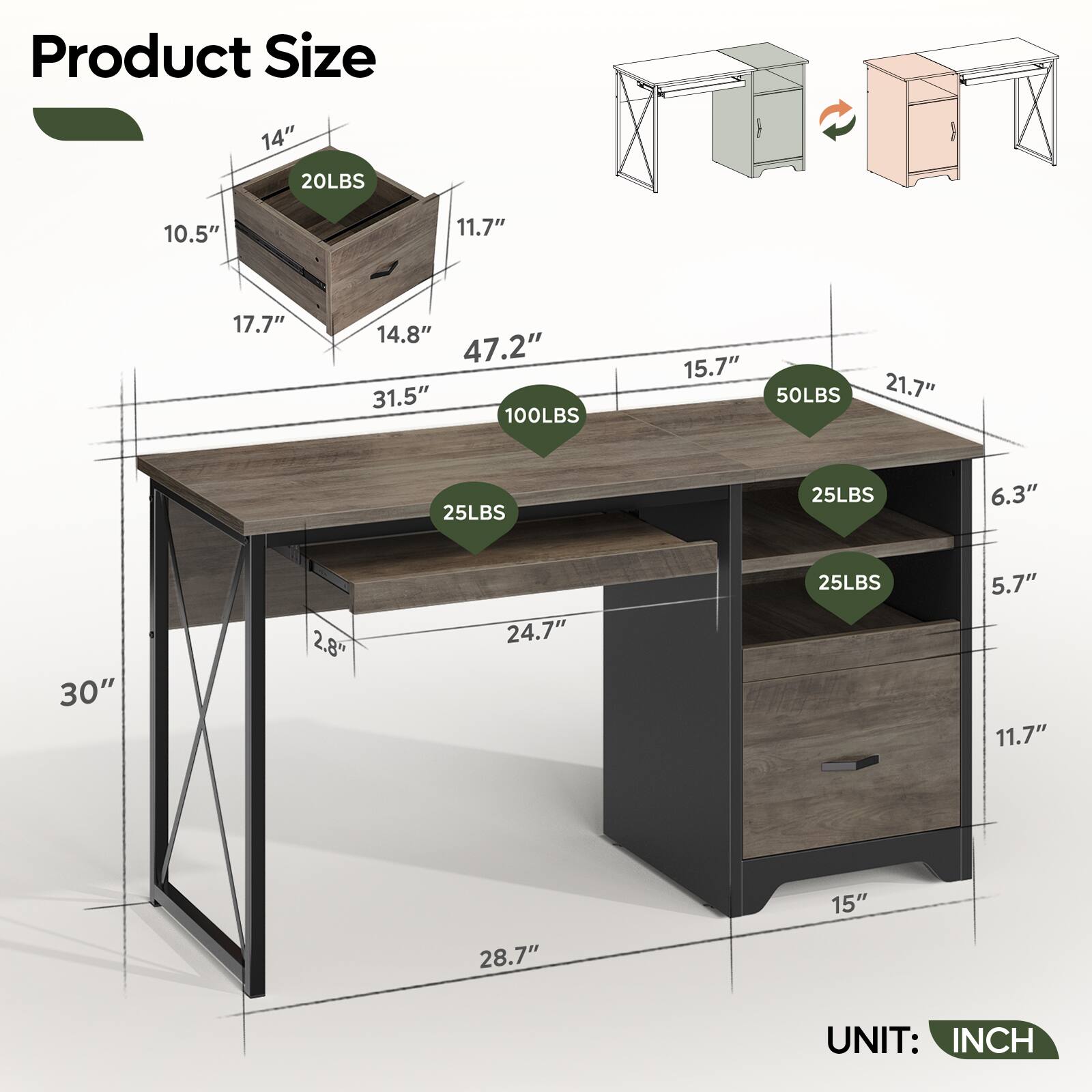 Product Size

- 14" x 10.5" x 11.7" x 17.7" x 14.8" (20LBS)
- 31.5" x 47.2" x 15.7" x 21.7" (100LBS)
- 24.7" x 6.3" x 5.7" x 11.7" x 15" x 28.7" (25LBS)
- 30" x 28.7" x 15" x 2.8" (50LBS)

UNIT: INCH
