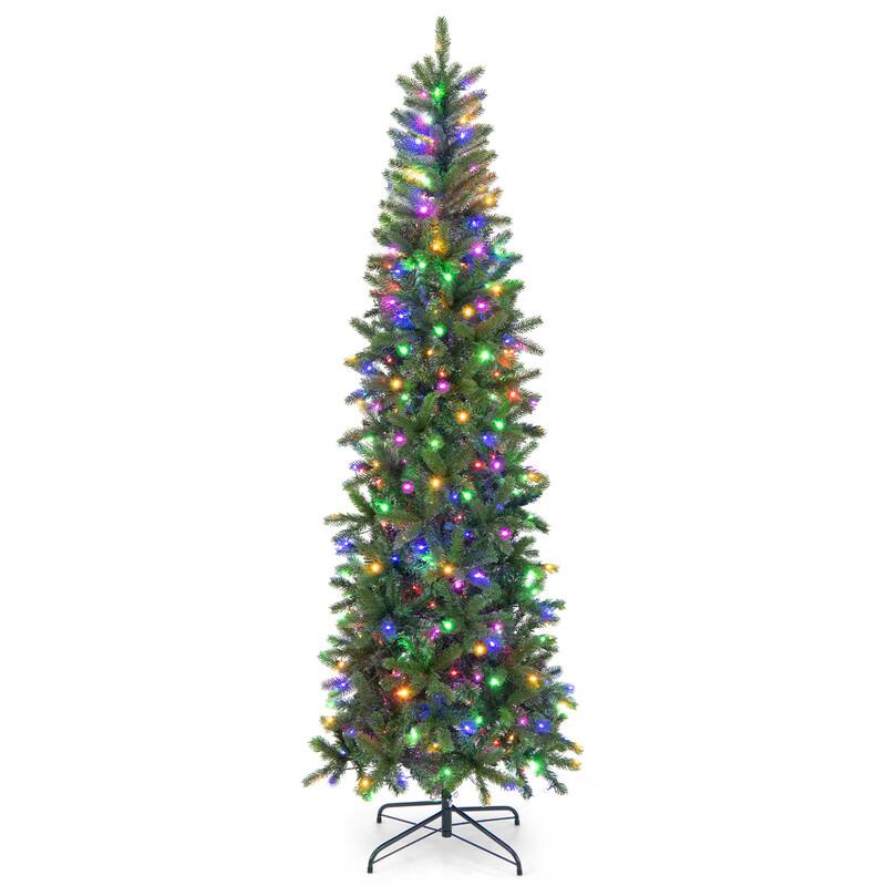 Back. WELLFOR - 7.5 ft Pre‑Lit Pencil Artificial Christmas Tree with 796 PE & PVC Mixed Tips, 350 Dual‑Color LED Lights - Green.