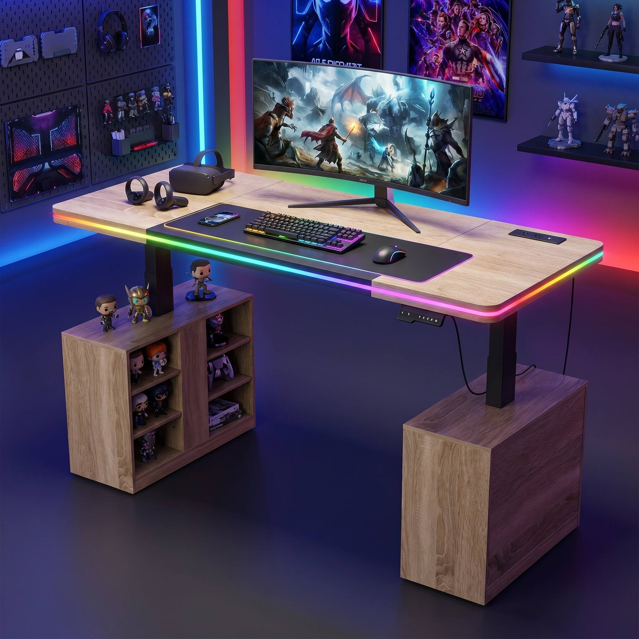 Back. Famapy - Electric Height Adjustable Desk with RGB Light & Dual Storage –Swappable Cabinets,2AC+3USB Outlet,Sit Stand Workstation - Wooden.