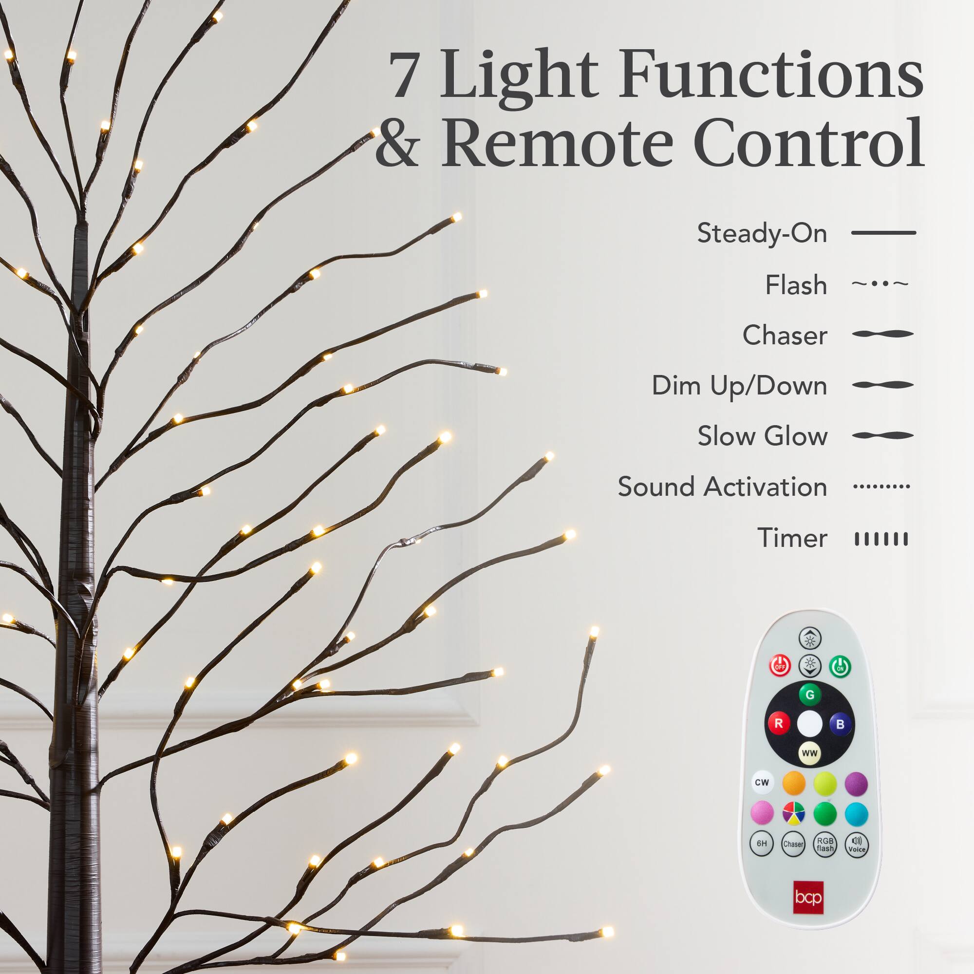 7 Light Functions & Remote Control

- Steady-On
- Flash
- Chaser
- Dim Up/Down
- Slow Glow
- Sound Activation
- Timer

G R B ww W da1 Chaser A0a Cast C FR bcp