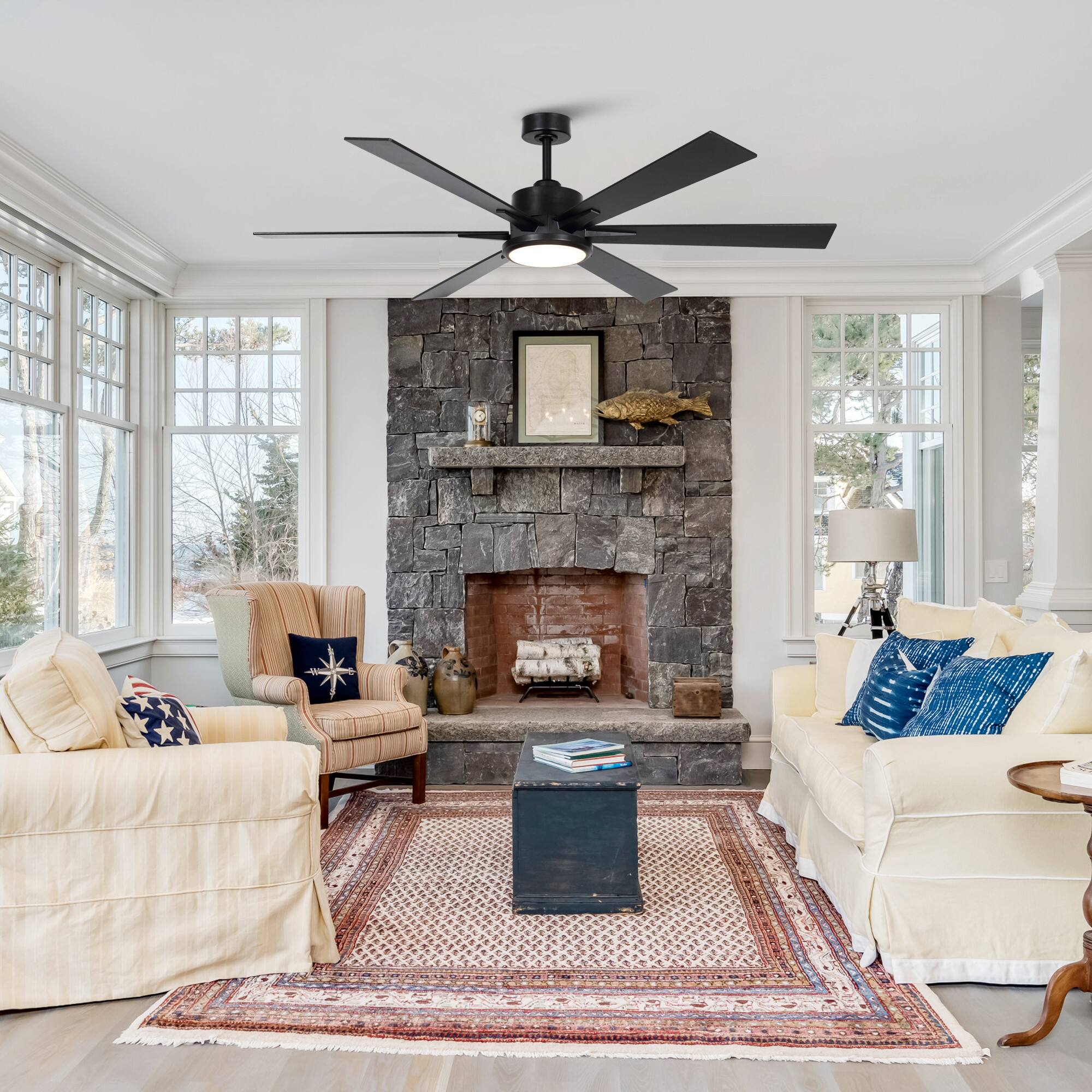 Back. Parrot Uncle - 65" Modern 6-Blade Black LED Ceiling Fan with Remote Control - Black.