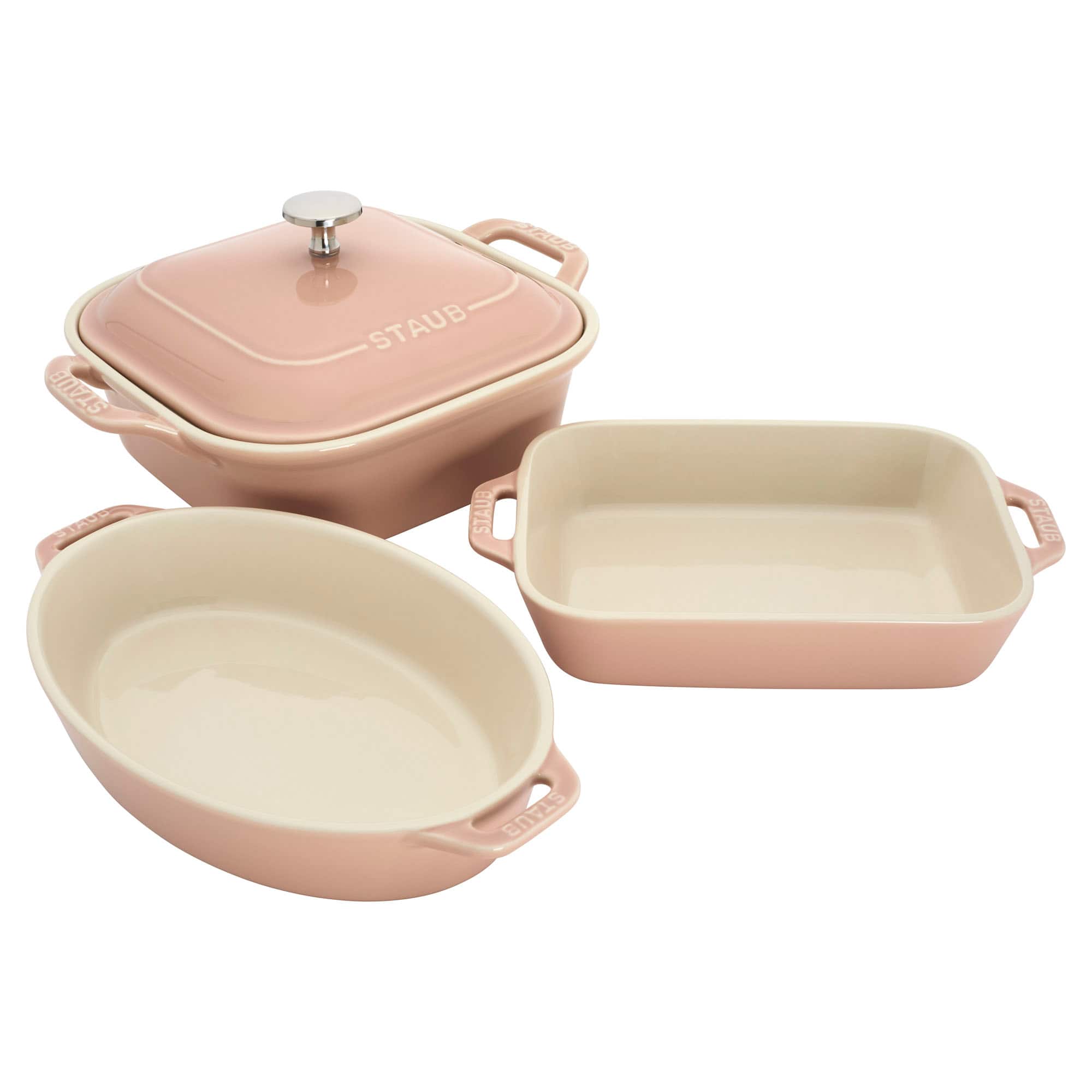 Staub - Ceramic 4-pc Baking Pans Set, Casserole Dish with Lid, Brownie Pan - Light Pink
