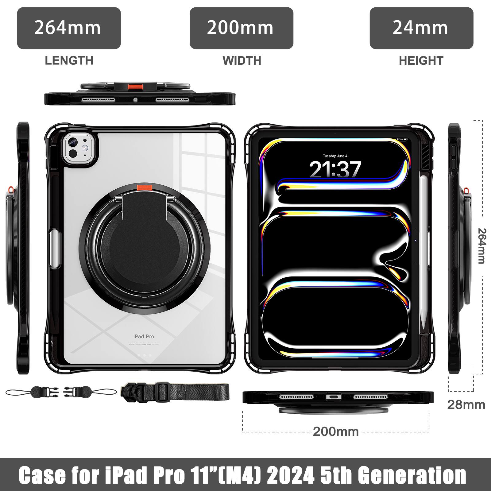264mm 200mm 24mm LENGTH WIDTH HEIGHT .- Tuesday June 4 21:37 264mm iPad Pro 28mm 200mm Case for iPad Pro 11"(M4) 2024 5th Generation