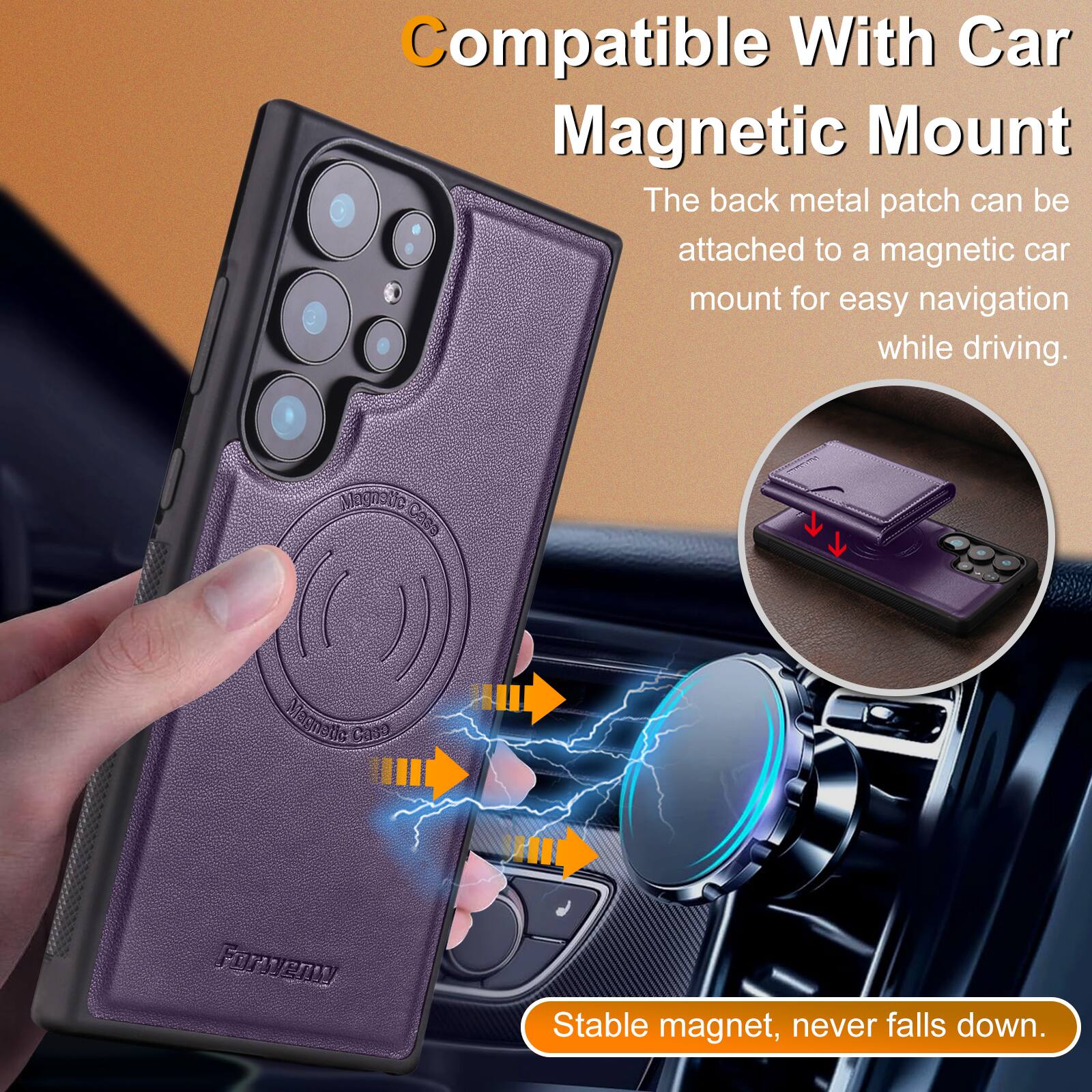 Compatible With Car Magnetic Mount  
The back metal patch can be attached to a magnetic car mount for easy navigation while driving.  
Stable magnet, never falls down.