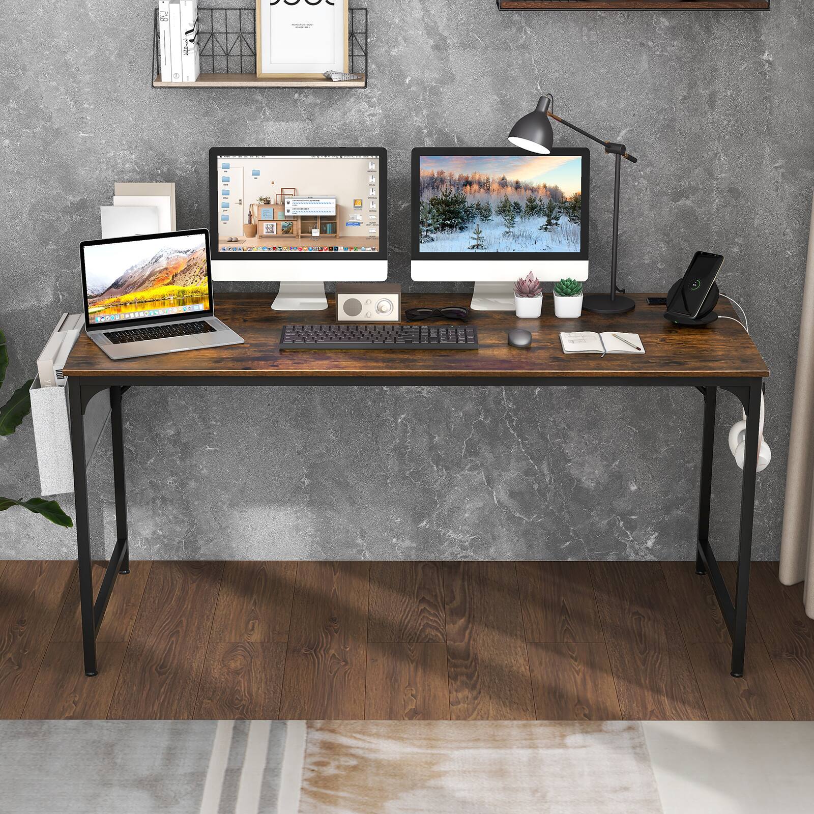 Alt View 9. Ecooso - 60 Inch Computer Desk with Charging Station, Storage Bag Workstation for Home Office Setup - Rustic Brown/Black.