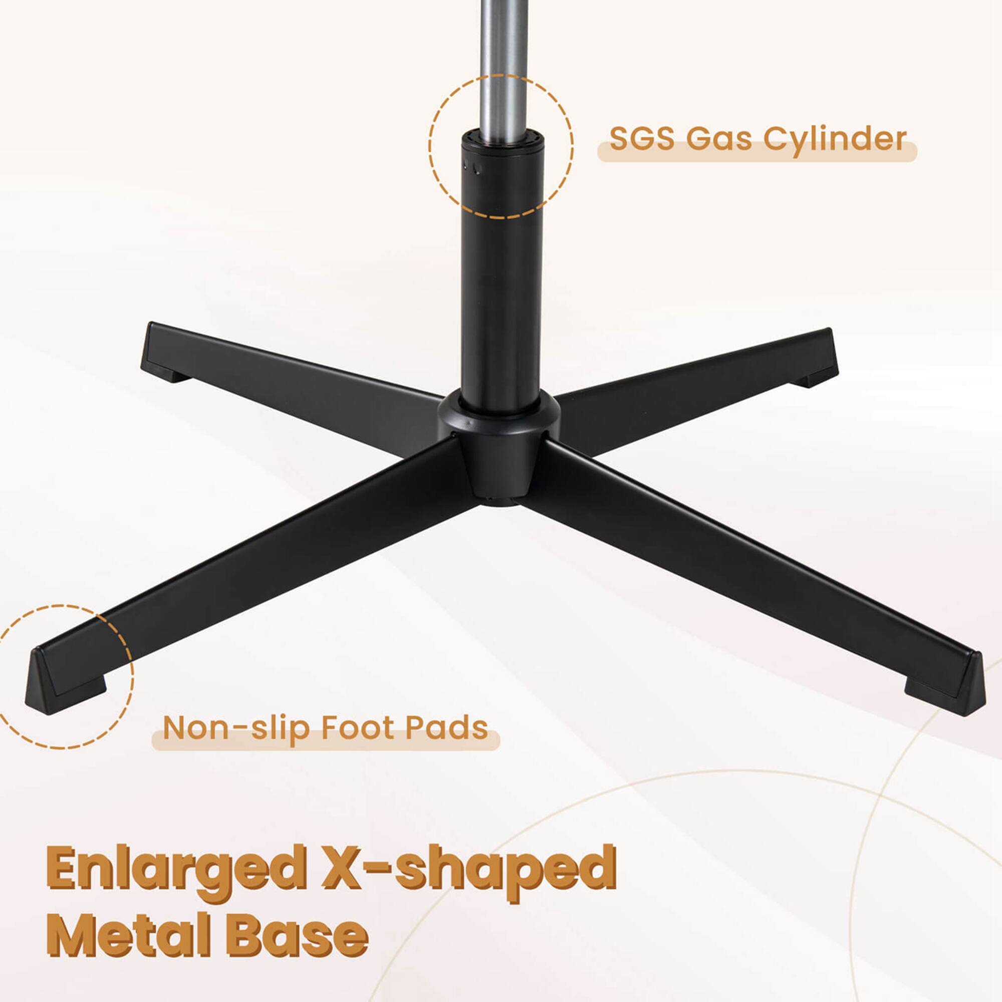 The text on the image is grouped and corrected as follows:

"Enlarged X-shaped Metal Base with Non-slip Foot Pads."