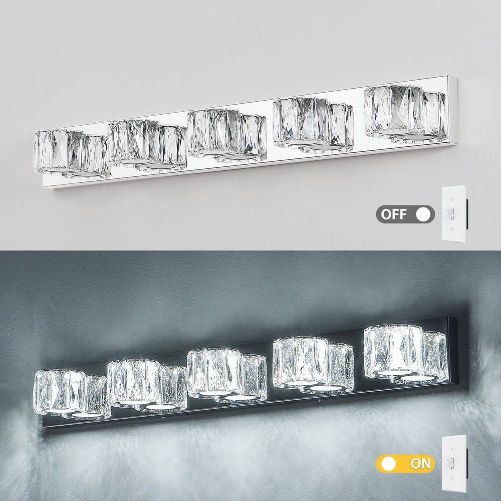 Alt View 5. Kadyn - 35" Modern Crystal 5-Light LED Wall Sconce – Elegant Chrome Bathroom Vanity Light with Clear Crystal Shades, Chrome - Silver.