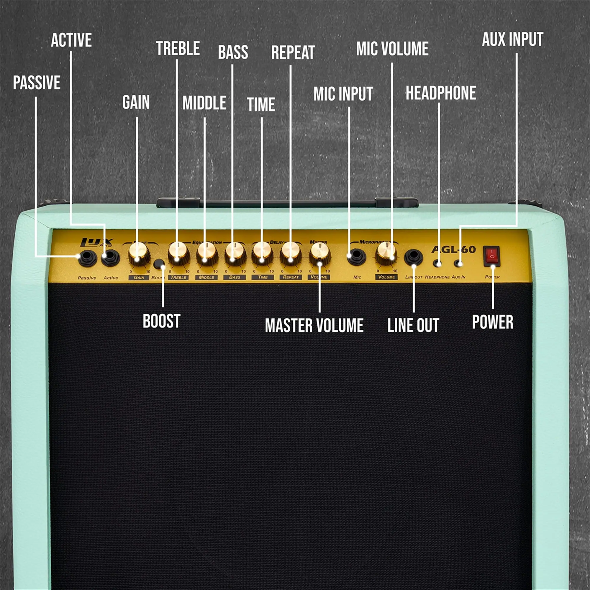 ACTIVE PASSIVE, TREBLE BASS REPEAT GAIN MIDDLE TIME, MIC VOLUME MIC INPUT HEADPHONE AUX INPUT, BOOST MASTER VOLUME LINE OUT POWER
