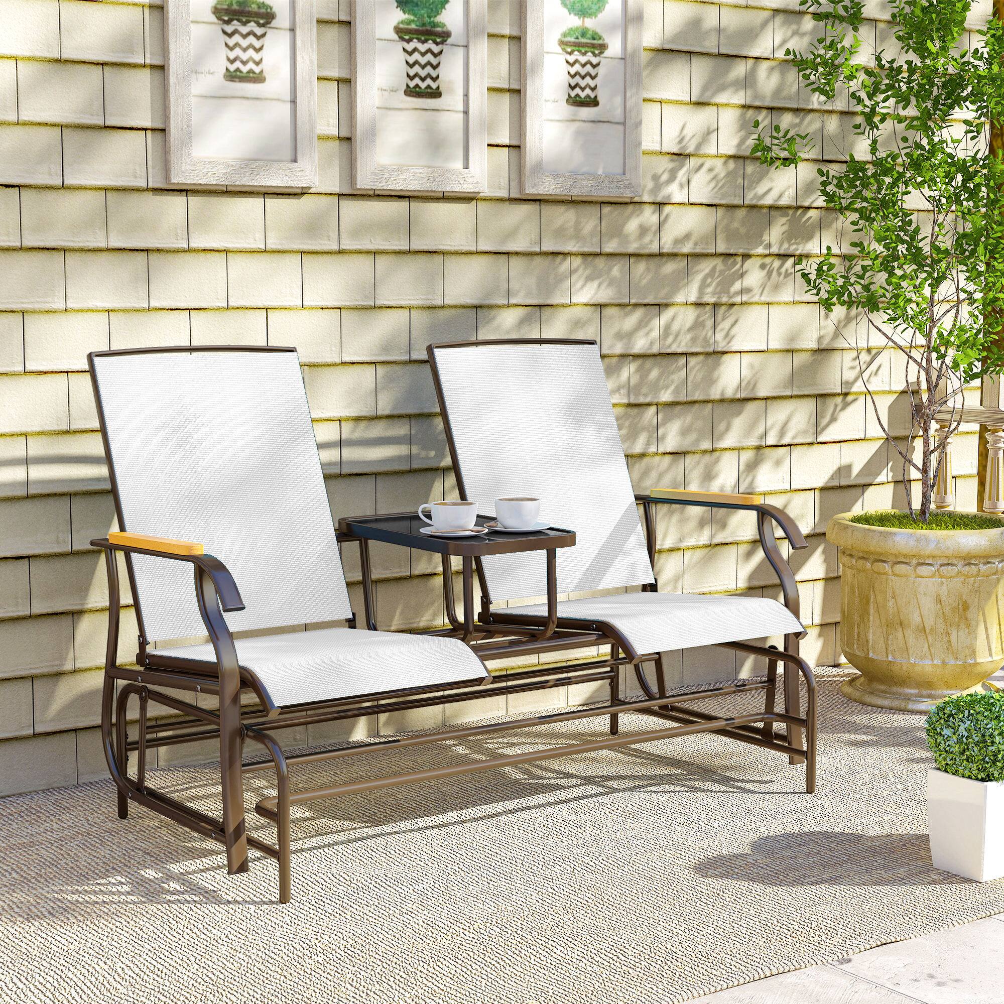 Alt View 8. Outsunny - 2-Person Glider Bench, Outside Glider Swing Chair Loveseat with Table, Steel Frame - Cream White.