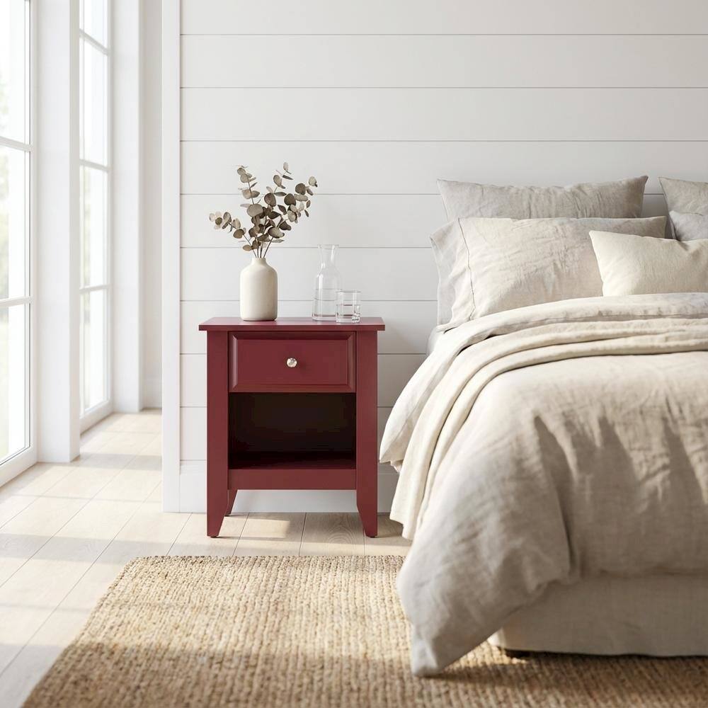 Alt View 2. FurniFact - Burgundy Wooden Night Stand with Single Drawer and Stable Design - Burgundy.