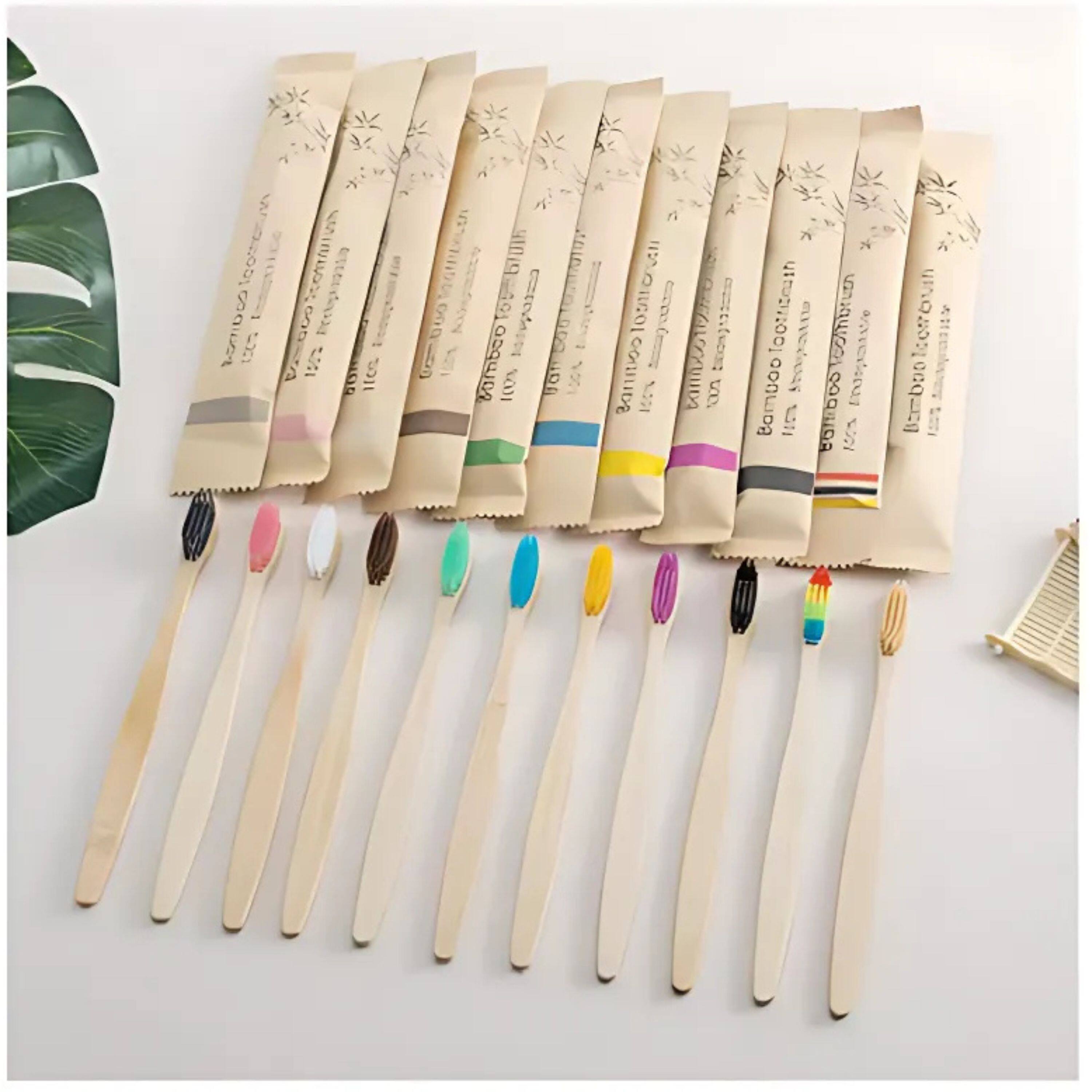The text on the image reads:

"100% Natural
Bamboo Toothbrush
with Charcoal
Bristles
Eco-Friendly
Biodegradable
Packaging"