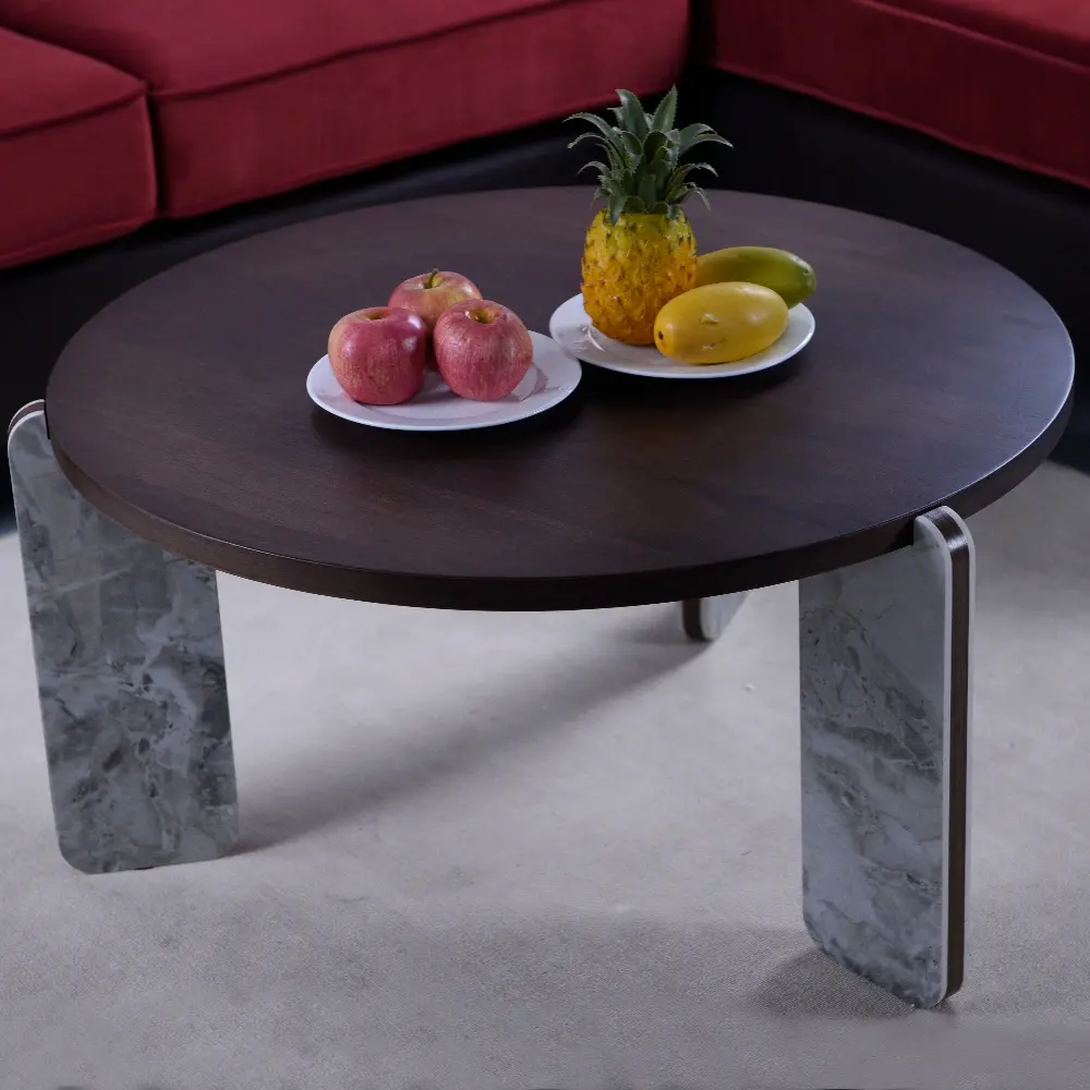 Alt View 3. Loheer - Loheer Modern Coffee Table Set Walnut Veneer Round Center Table with End Table Sintered Stone Legs Living Room - Walnut.