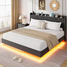 Jojoka - Full Size Floating Bed Frame with RGB LED Lights & Charging Station, Upholstered Platform Bed, Black - Black