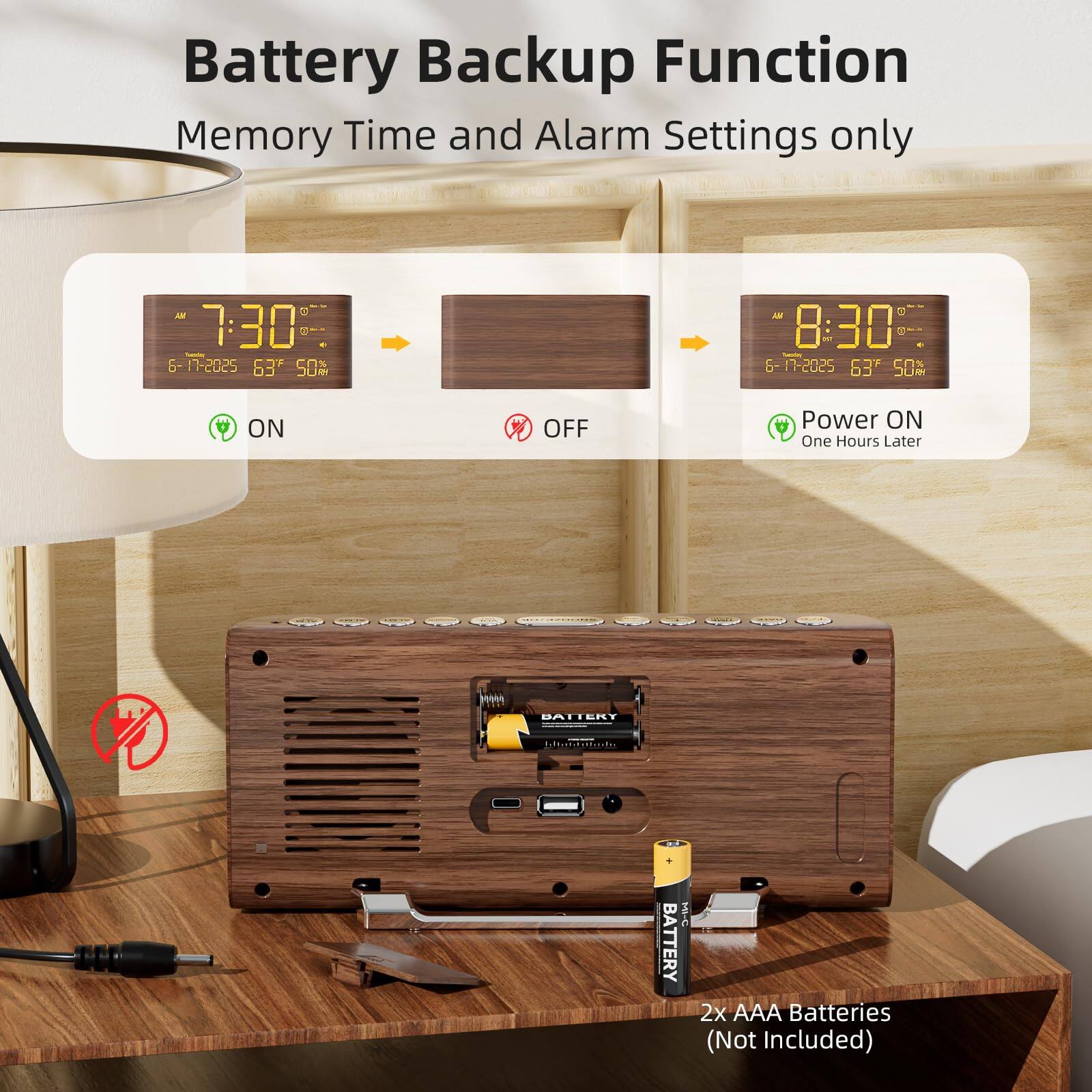 Battery Backup Function  
Memory Time and Alarm Settings only  

7:30 AM  
6-17-2025 63°F 50%  
ON  

8:30 AM  
6-17-2025 63°F 50%  
Power ON One Hours Later  

2x AAA Batteries (Not Included)