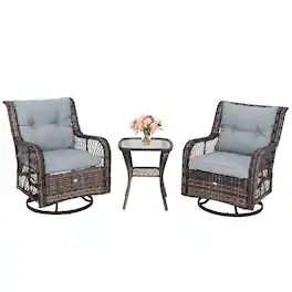 Costway - 3 PCS Patio Furniture Set Rocking Chairs Set of 2 with Glass Top Side Table - Mix Brown + Grey