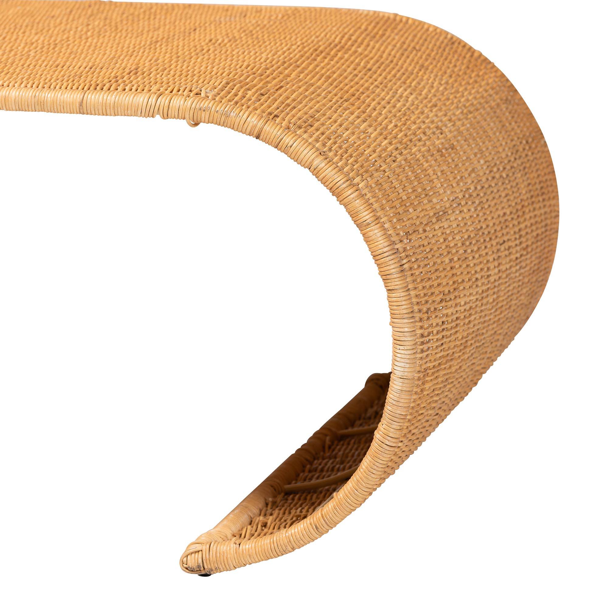Back. bali & pari - Palm Waterfall Natural Rattan Coffee Table - Handwoven Wicker Centerpiece with Curved Silhouette for Living Room - Light Honey.
