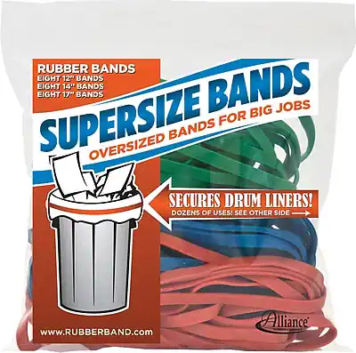 RUBBER BANDS
EIGHT 12" BANDS
EIGHT 14" BANDS
EIGHT 17" BANDS
SUPERSIZE BANDS
OVERSIZED BANDS FOR BIG JOBS
SECURES DRUM LINERS!
DOZENS OF USES! SEE OTHER SIDE
www.RUBBERBAND.com
Alliance