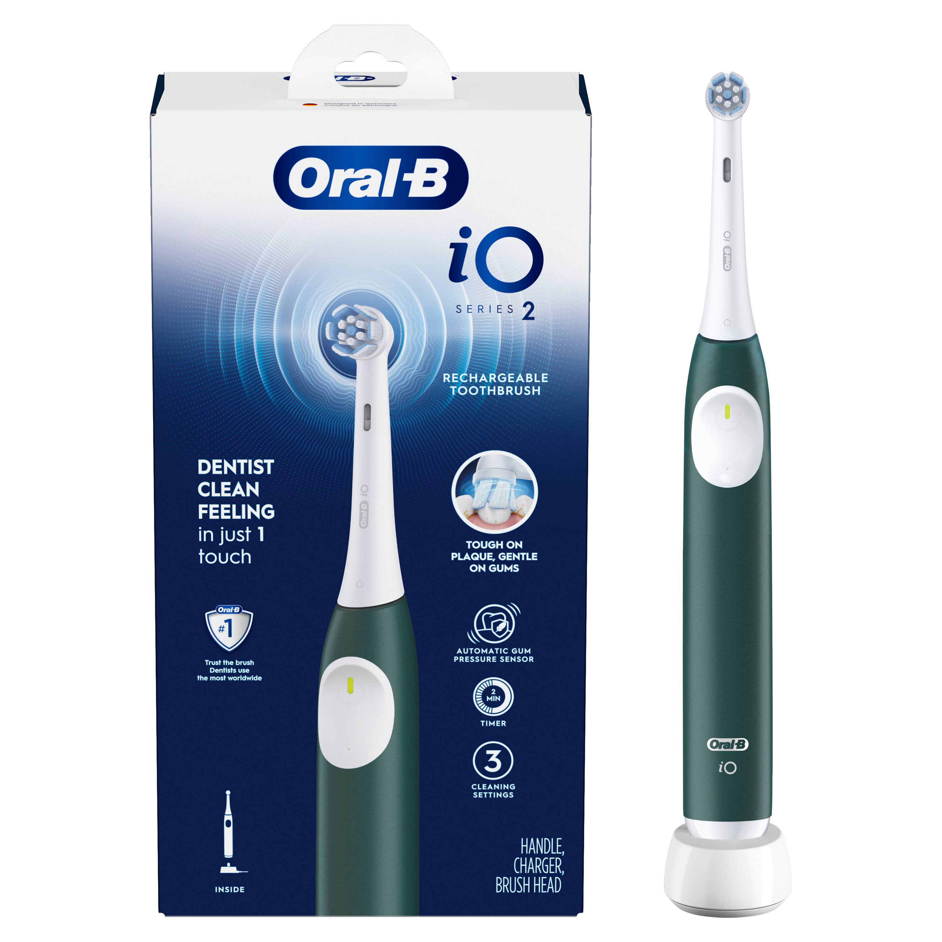 Oral-B iO Series 2 Rechargeable Toothbrush Dentist Clean Feeling in just 1 touch Tough on Plaque Gentle on Gums Automatic Gums Pressure Sensor 3 Cleaning Settings Inside Handle, Charger, Brush Head.