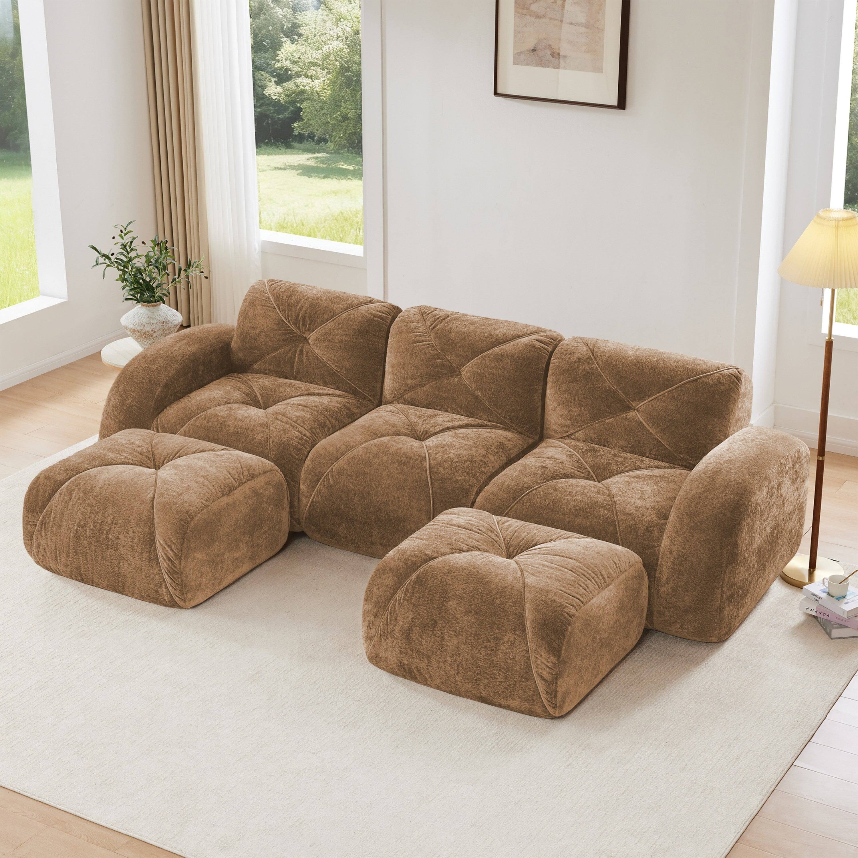 Alt View 3. Boyel Living - U Shaped Velvet Tufted Sofa Movable Ottomans 32D High Density Sponge Anti Slip Free Combo Study Theater Camel - Camel.