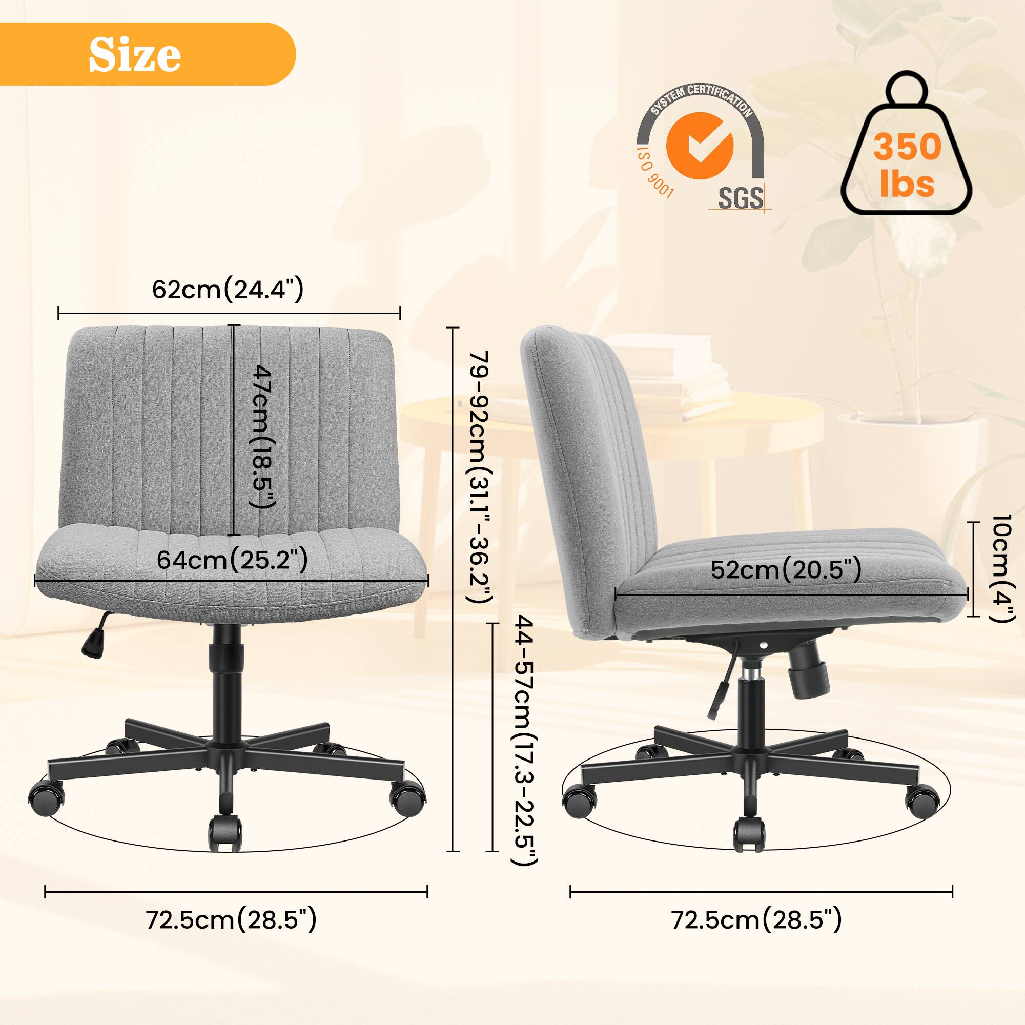 **Size**

- 62cm (24.4")
- 47cm (18.5")
- 64cm (25.2")
- 72.5cm (28.5")
- 79-92cm (31.1"-36.2")
- 44-57cm (17.3"-22.5")
- 52cm (20.5")
- 10cm (4")
- 72.5cm (28.5")

**System Certification**

- ISO 9001
- SGS

**350 lbs**