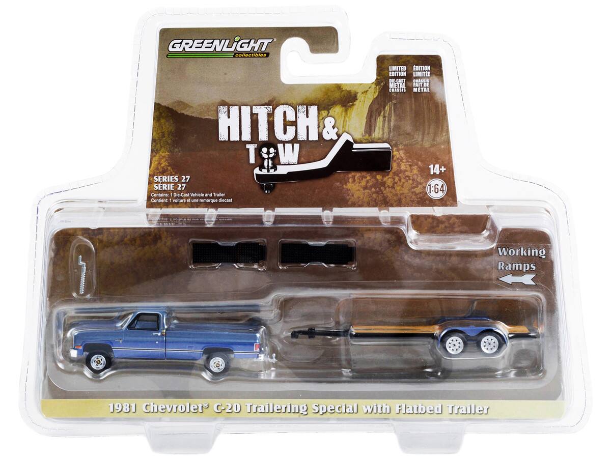 GREENLIGHT collectibles  
HITCH & TOW  
SERIES 27  
SERIE 27  
Contains: Die-Cast Vehicle and Trailer  
Contient: 1 voiture et une remorque diecast  
LIMITED EDITION  
EDITION LIMITEE  
DIE-CAST METAL  
FAIT EN MÉTAL  
14+  
1:64  
Working Ramps  
1981 Chevrolet C-20 Trailer Special with Flatbed Trailer