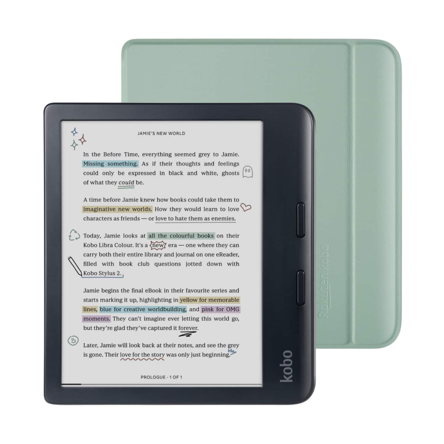 Kobo - Libra Colour eReader (Black) with Bundle - 2024 - Garden Green Basic SleepCover