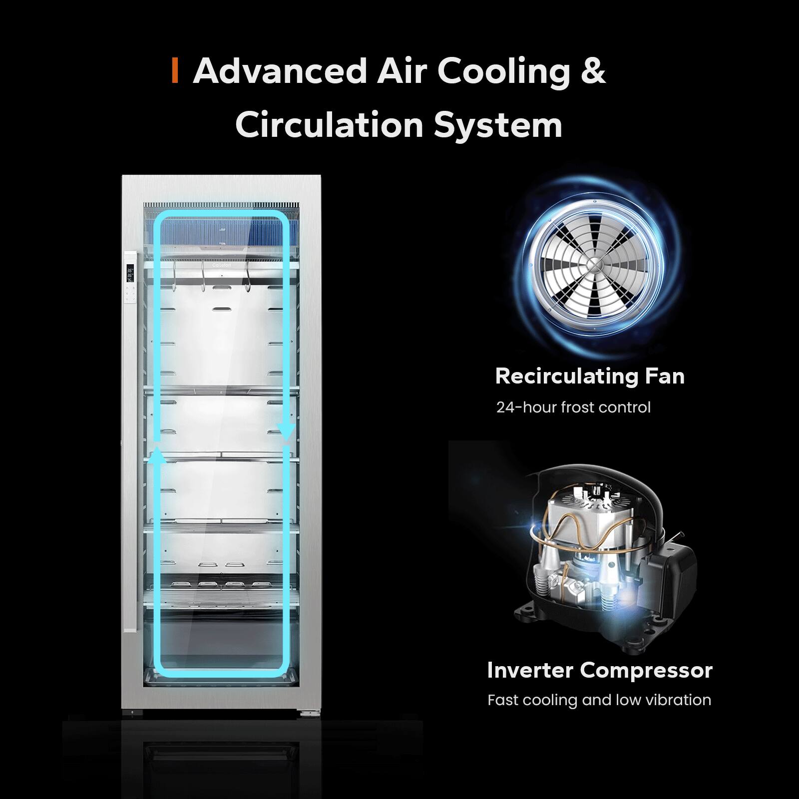 - Advanced Air Cooling & Circulation System
- Recirculating Fan
  - 24-hour frost control
- Inverter Compressor
  - Fast cooling and low vibration