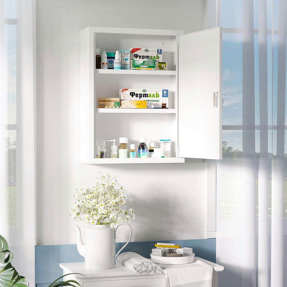 Kadyn - 16" x 21" Lockable Medicine Cabinet, 3 Tier Steel Medical Wall Box with 2 Keys and Shelves for Bathroom - White