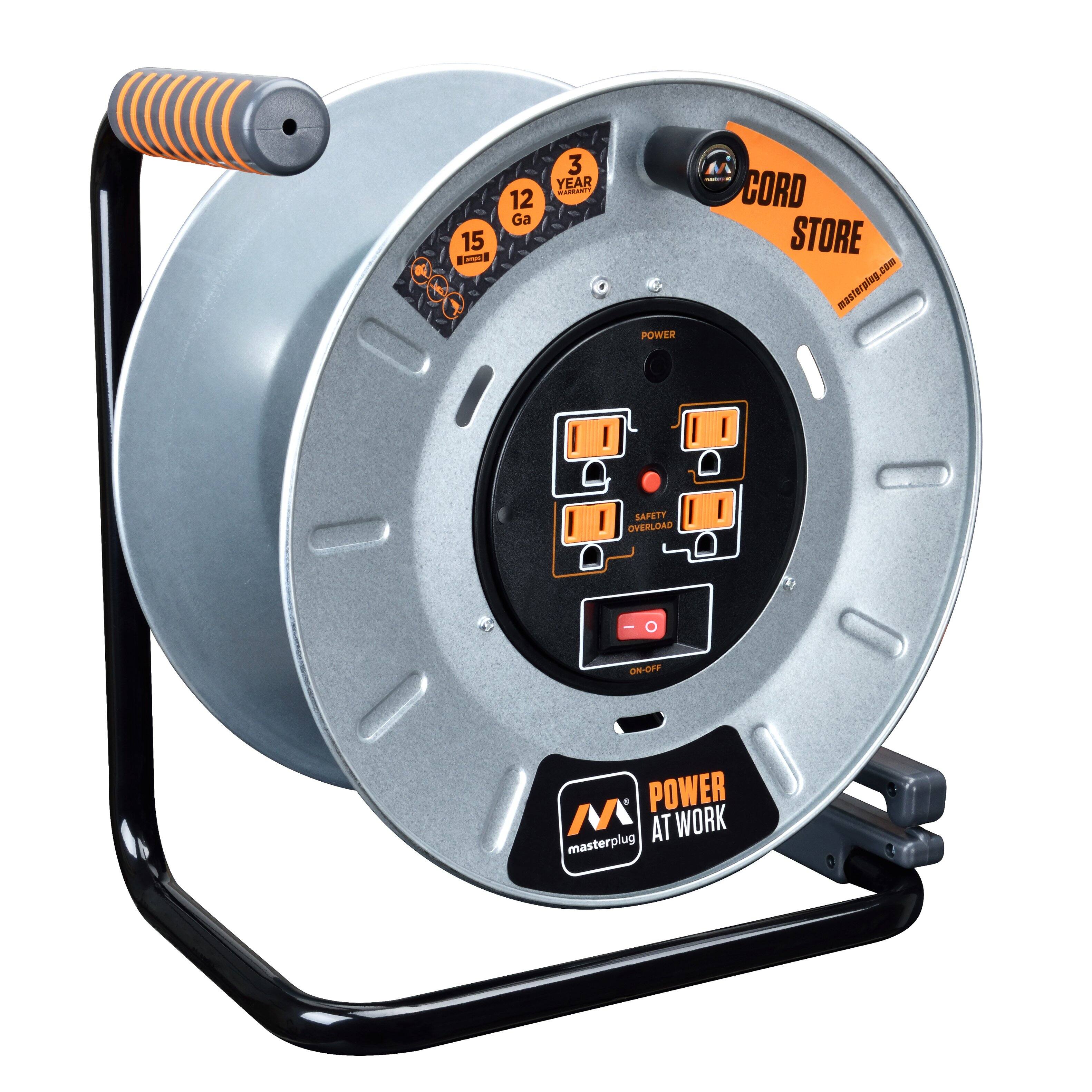 Front. Masterplug - 1Ft 4 Sockets 15A 12AWG Large Open Metal Reel - Metal & Orange.