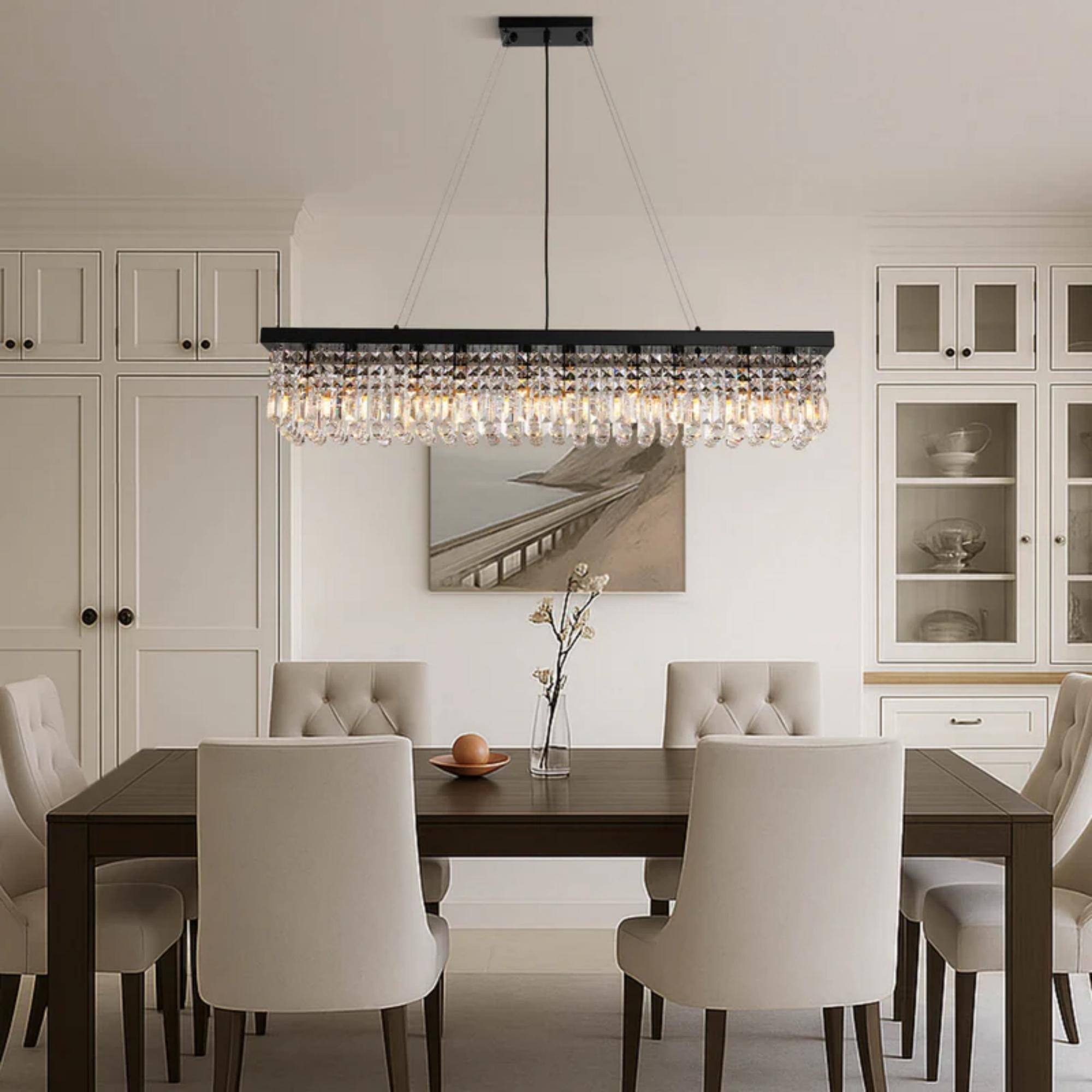 Left. Siljoy - 47.2" 10-Light Black Linear Crystal Chandelier, Adjustable K9 Crystal Pendant Light for Kitchen Island Dining Room - Black.
