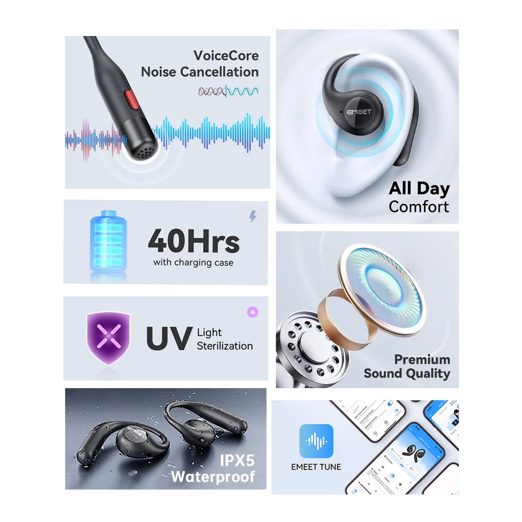 - VoiceCore Noise Cancellation
- 40Hrs with charging case
- UV Light Sterilization
- IPX5 Waterproof
- All Day Comfort
- Premium Sound Quality
- EMEET TUNE