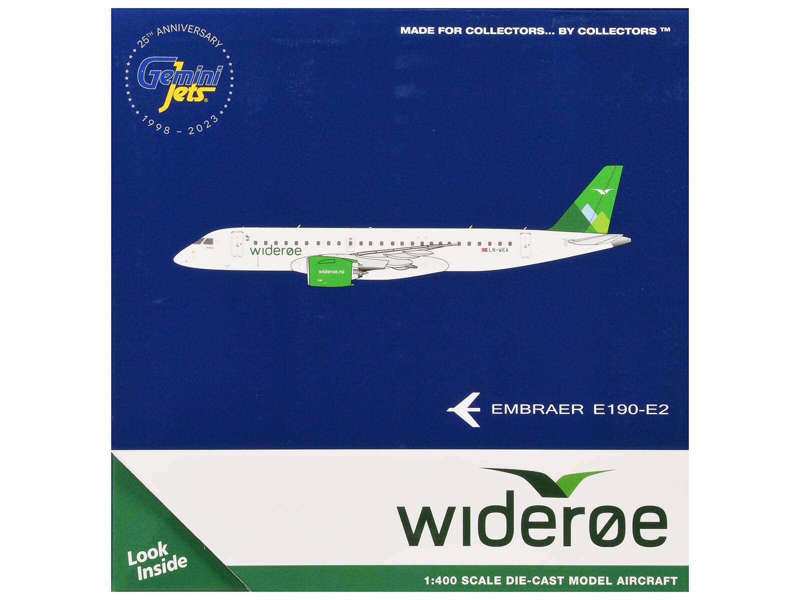 25th Anniversary  
Gemini Jets  
1998 - 2023  

MADE FOR COLLECTORS... BY COLLECTORS™  

wideroe  
LN-VEA  
wideroe.no  

EMBRAER E190-E2  

Look Inside  

1:400 SCALE DIE-CAST MODEL AIRCRAFT