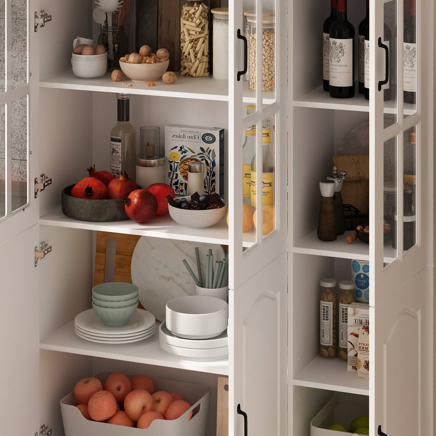 The image shows a kitchen with two open shelves filled with various food items and drinks. The shelves are stocked with a variety of items, including apples, oranges, and bowls. There are also several bottles, possibly containing drinks or condiments, and a few cups. The shelves are well-organized, making it easy to find and access the items. The overall scene suggests a well-stocked and functional kitchen.