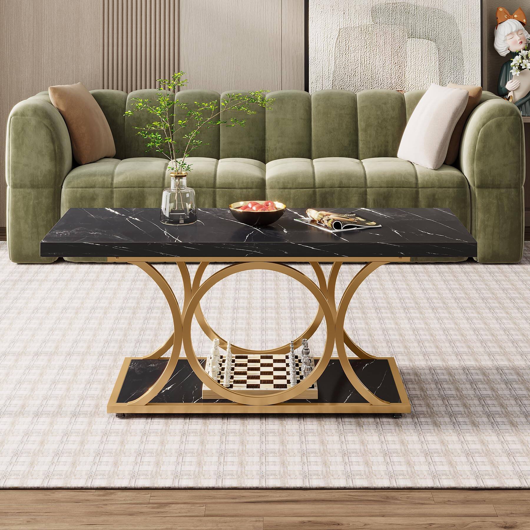 Back. Tribesigns - Rectangle Coffee Table, 47.24-inch Modern Coffee Tables for Living Room, 2-Tier Faux Marble Wood Coffee Table with Geome - Black & Gold.