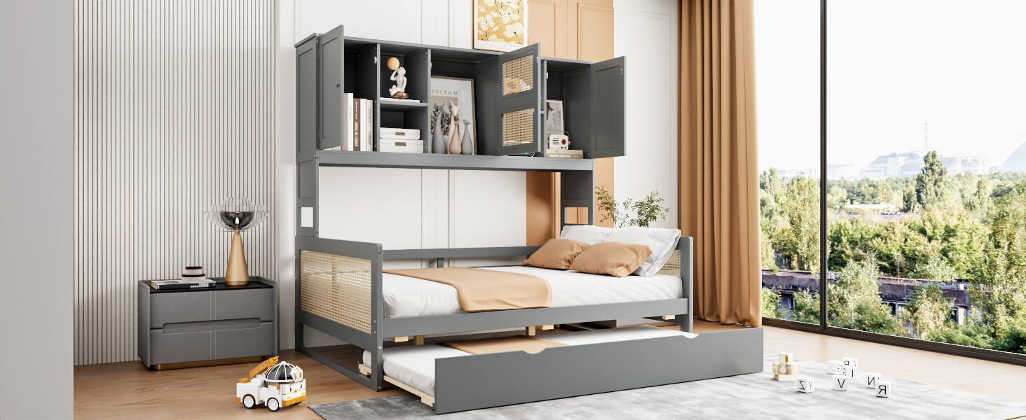 Alt View 2. Tiramisubest - Full Size Wooden Daybed With Twin Size Trundle, and All-in-One Cabinet and Shelf, Gray - Gray.