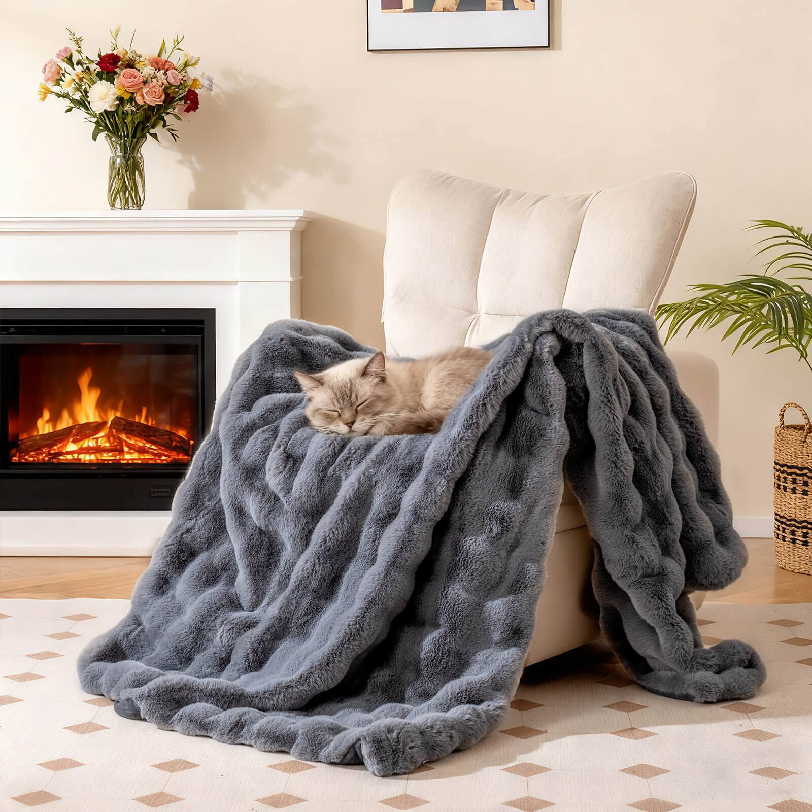 Alt View 1. Costway - Costway 80" x 60" Bubble Faux Rabbit Fur Throw Blanket with 2-Sided Design for Winter - Gray.