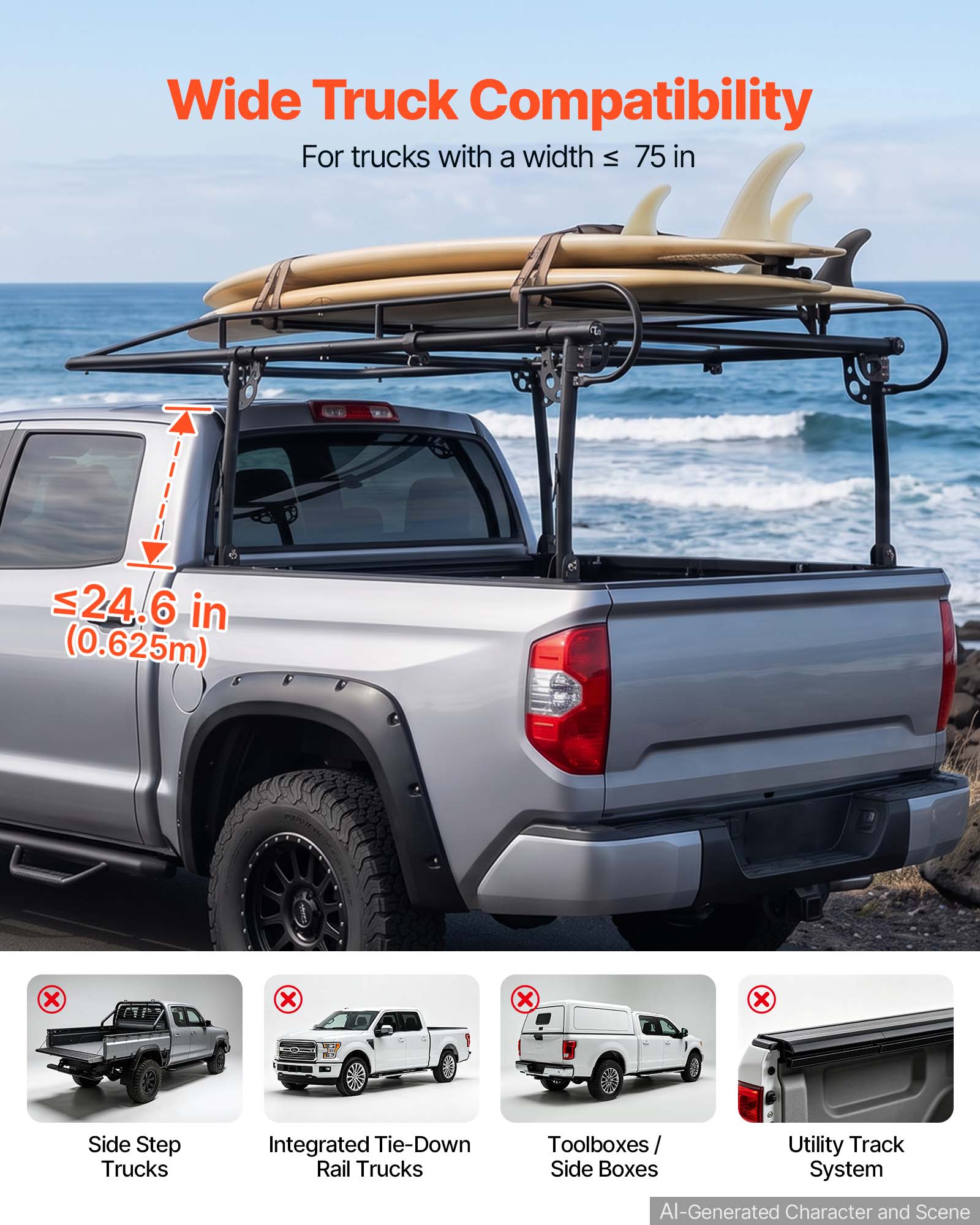 Wide Truck Compatibility  
For trucks with a width ≤ 75 in  
24.6 in (0.625m)  

Side Step Trucks  
Integrated Tie-Down Rail Trucks  
Toolboxes / Side Boxes  
Utility Track System  

AI-Generated Character and Scene