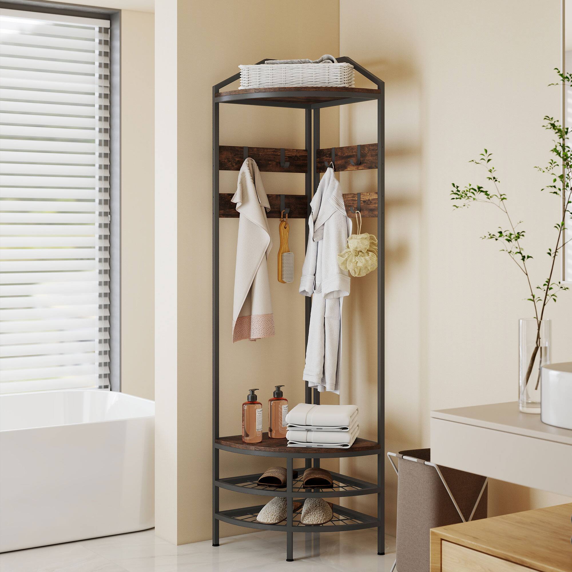 Alt View 8. Homcom - Hall Tree, Industrial 4-Tier Coat Rack with Shoe Storage, 8 Movable Hooks and 2 Shelves for Hallway - Rustic Brown.