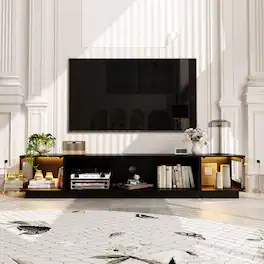 Famapy - Modern 80" TV Stand with Glass Doors & LED Lights, Low Profile Media Console for Living Room, Cable Management Holes - Black
