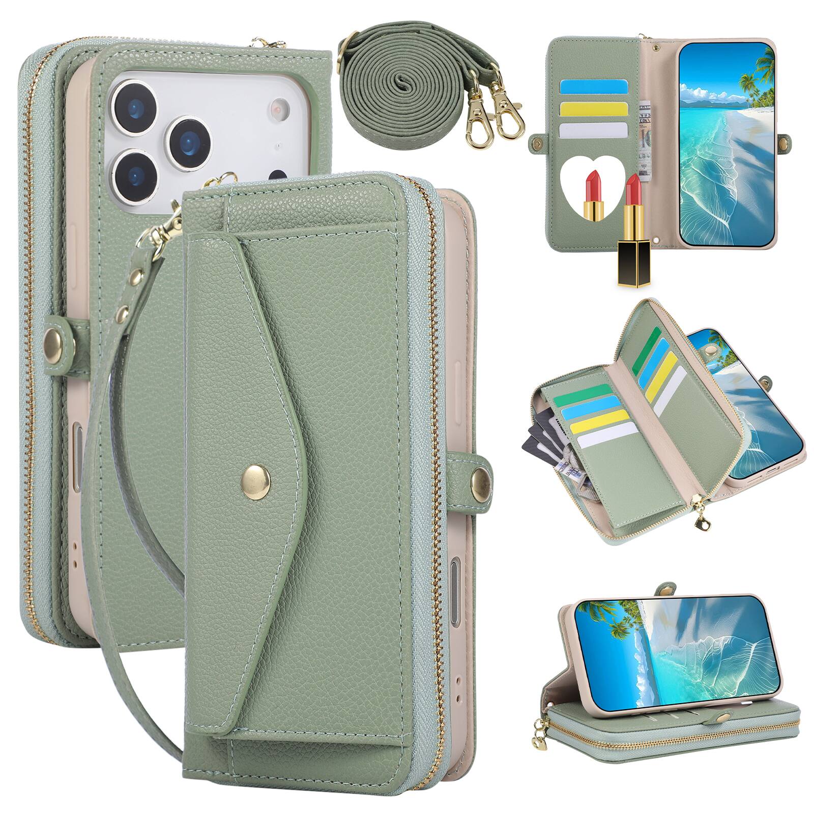 Front. Dteck - Leather Wallet Phone Case for Apple iPhone 17 Pro Max with Crossbody Strap, Shockproof Zipper Pocket Mirror Stand Cover - Green.