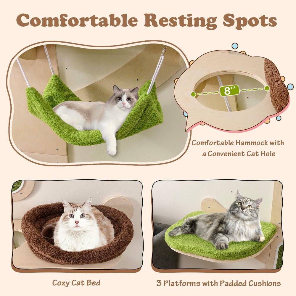 Comfortable Resting Spots

- 8" Comfortable Hammock with a Convenient Cat Hole
- Cozy Cat Bed
- 3 Platforms with Padded Cushions