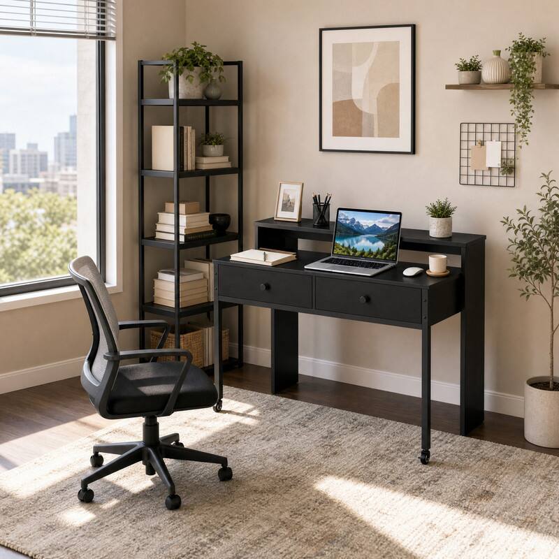 Front. WELLFOR - Extendable Computer Desk with 2 Drawers, Home Office Desk with Pull Out Secondary Desk  for Study,Working,Writing - Black.