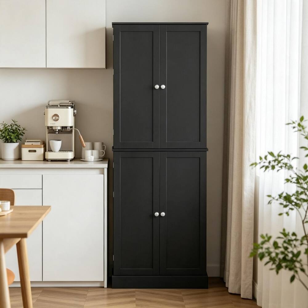 Angle. Loheer - Loheer Tall Pantry Cabinet Freestanding Organizer with 4 Doors and Adjustable Shelves Black Storage for Kitchen - Black.
