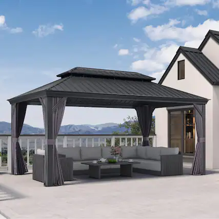 Front. PURPLE LEAF - 10' X 16' Permanent Hardtop Aluminum Gazebo with Double Roof for Patio Lawn and Garden, Curtains and Netting Included - 10' X 16'.