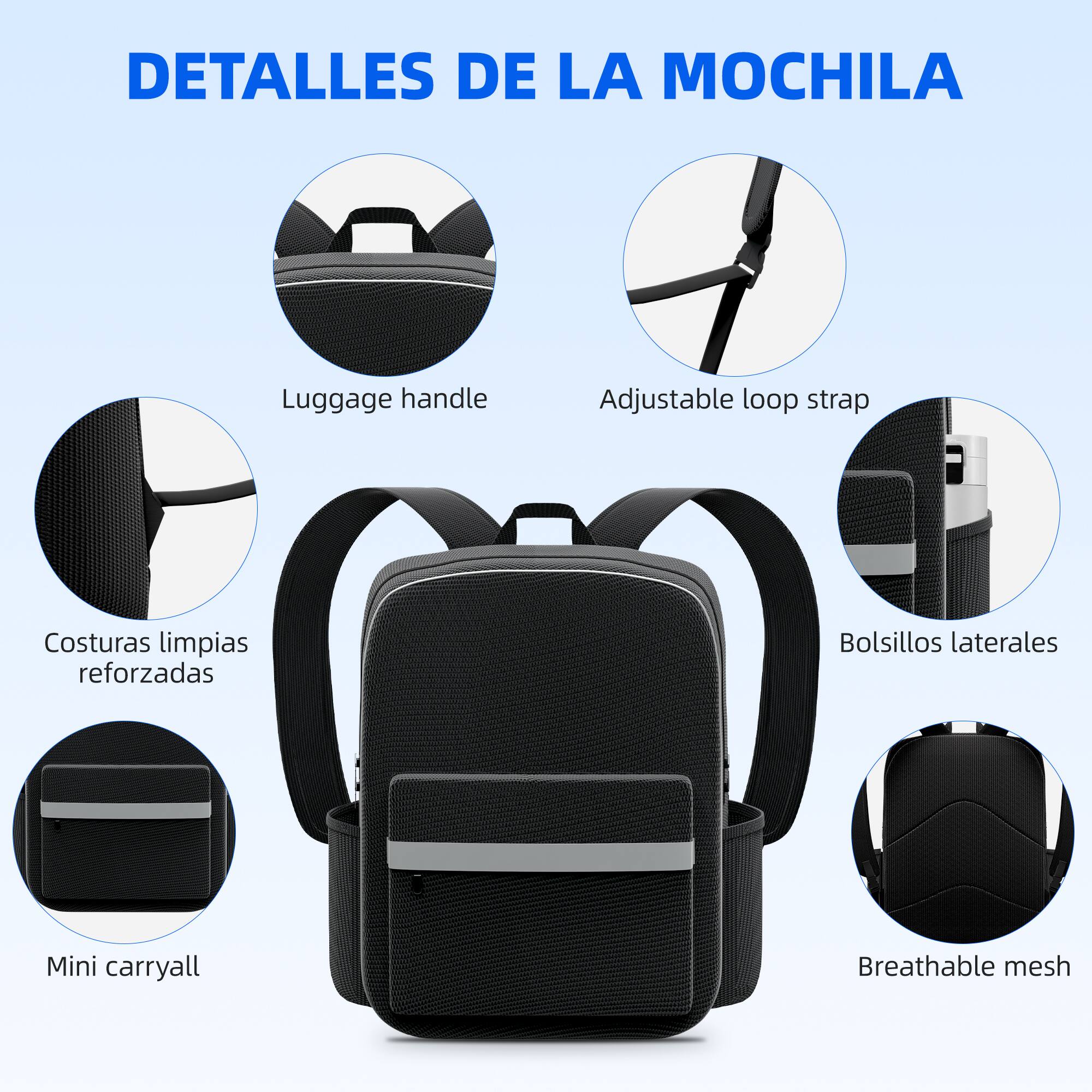 DETALLES DE LA MOCHILA

- Luggage handle
- Adjustable loop strap
- Costuras limpias reforzadas
- Bolsillos laterales
- Mini carryall
- Breathable mesh