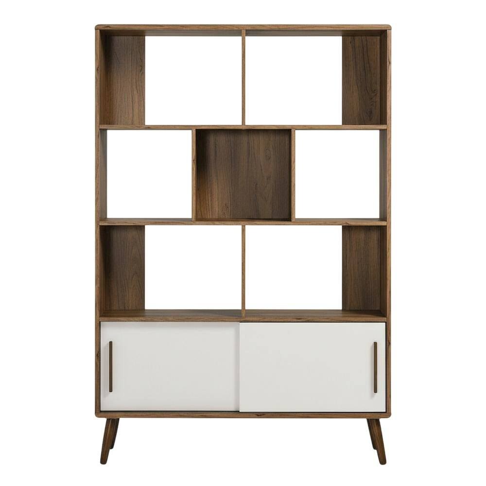 Back. FurniFact - Wooden Bookcase with Sliding Doors for Living Room Storage - Brown.