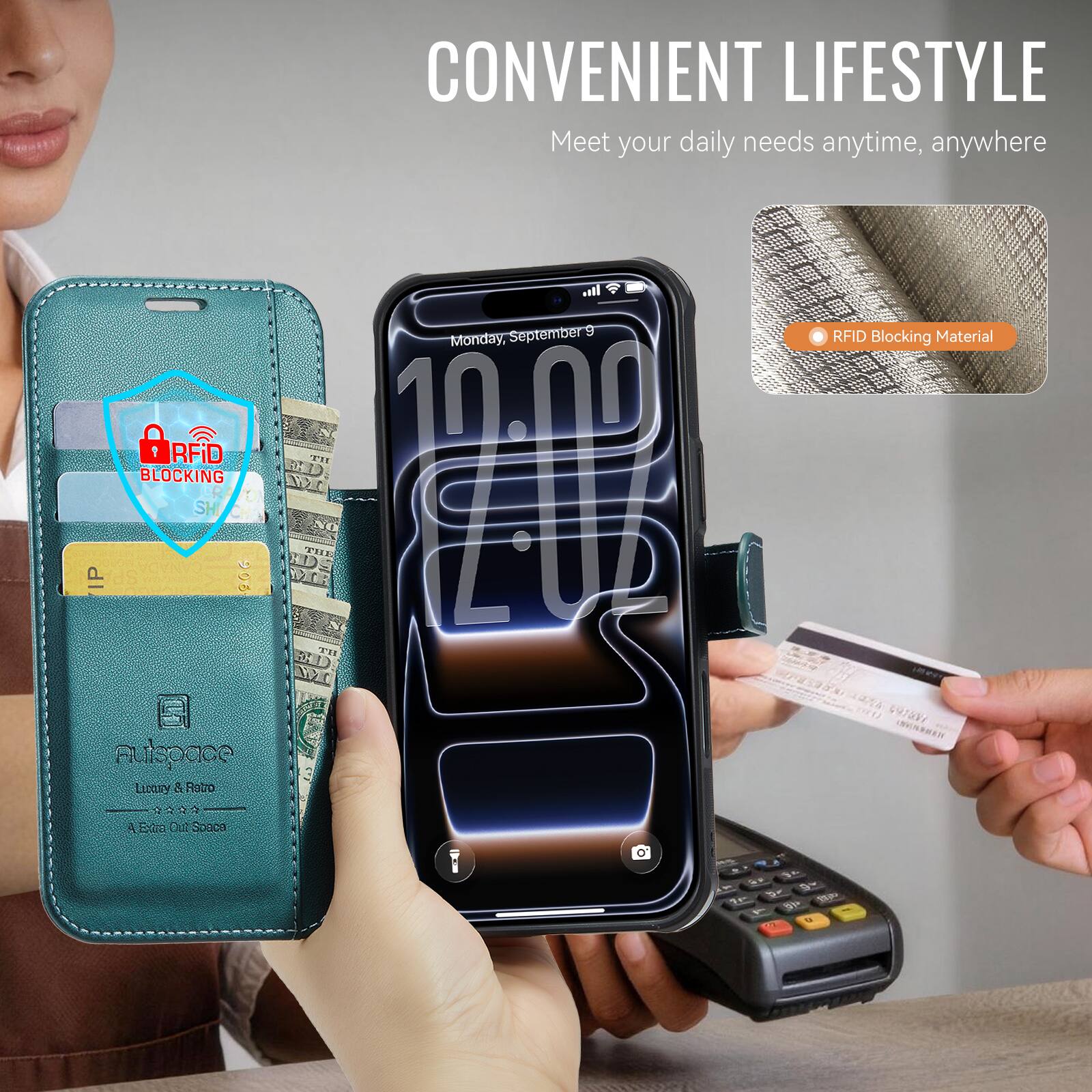 CONVENIENT LIFESTYLE  
Meet your daily needs anytime, anywhere

RFID BLOCKING  
SHIELD

Auispace  
Luxury & Retro  
A Extra Out Space

RFID Blocking Material