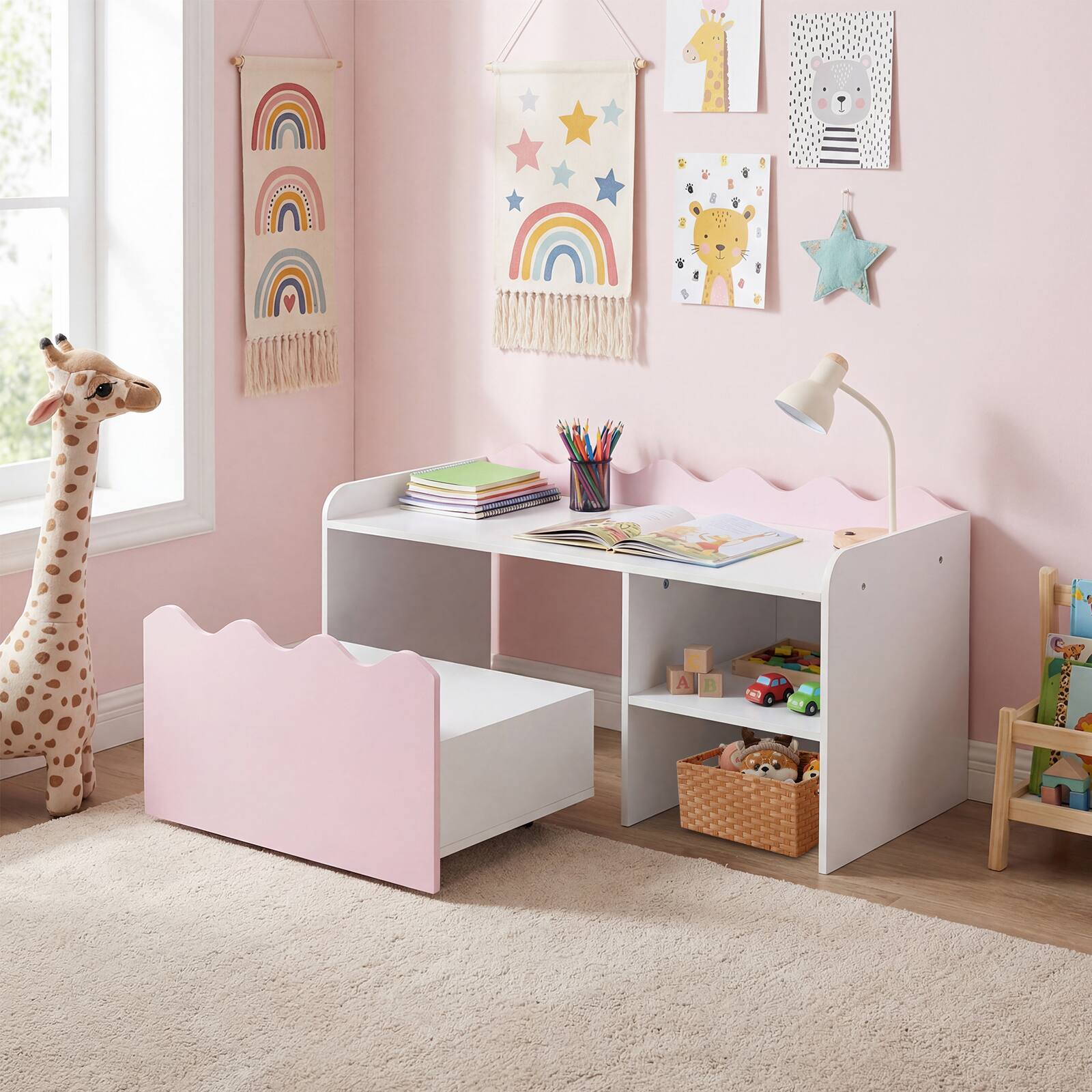 Alt View 1. Costway - Costway Kids Bookshelf & Toy Storage Organizer,Wooden Toddler Book Rack with Movable Drawer - Pink + White.